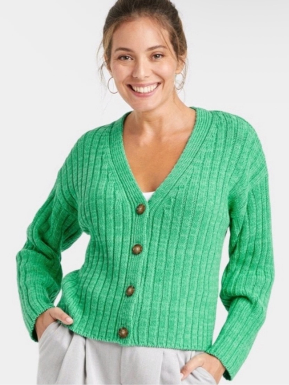 A New Day Ribbed Cardigan Button Front Kelly Green